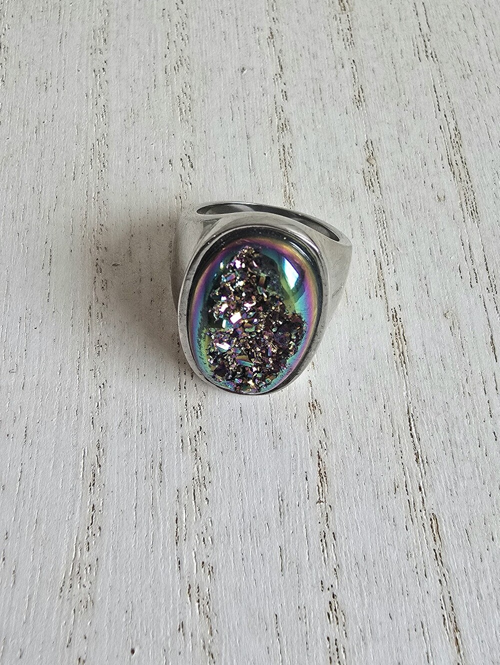 Iridescent Druzy Statement Ring - Silver-Tone
